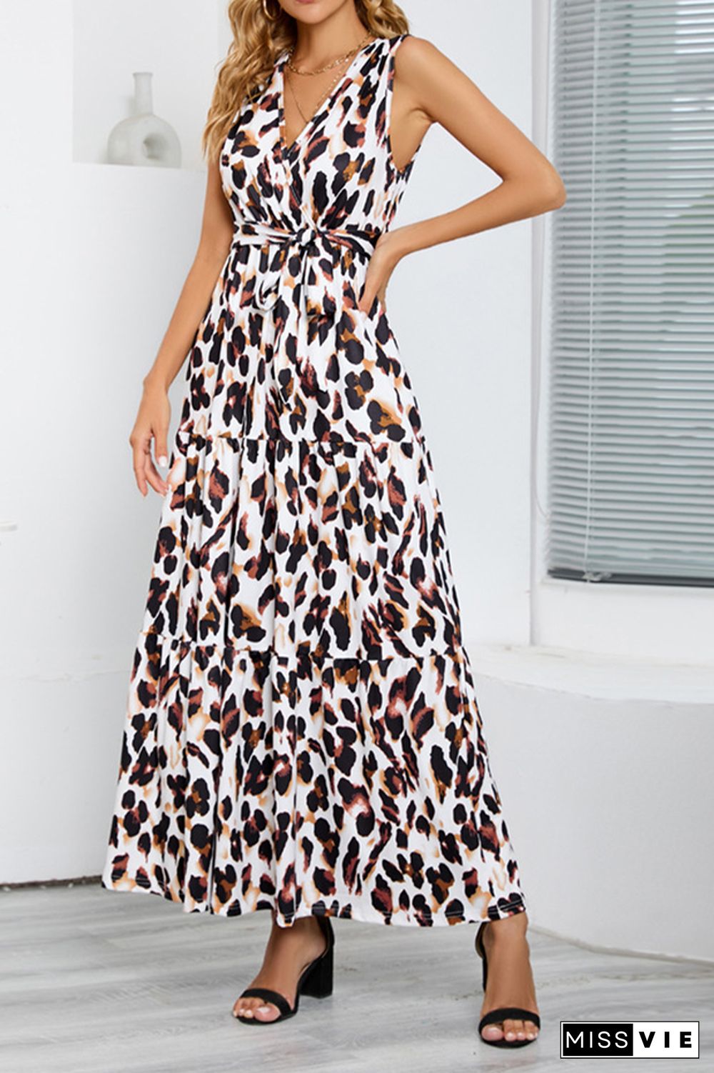 Sleeveless V Neck Splicing Leopard Dress