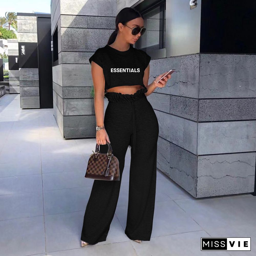 Letter Print Cotton T Shirt Crop Top Wide Leg Pants Suit