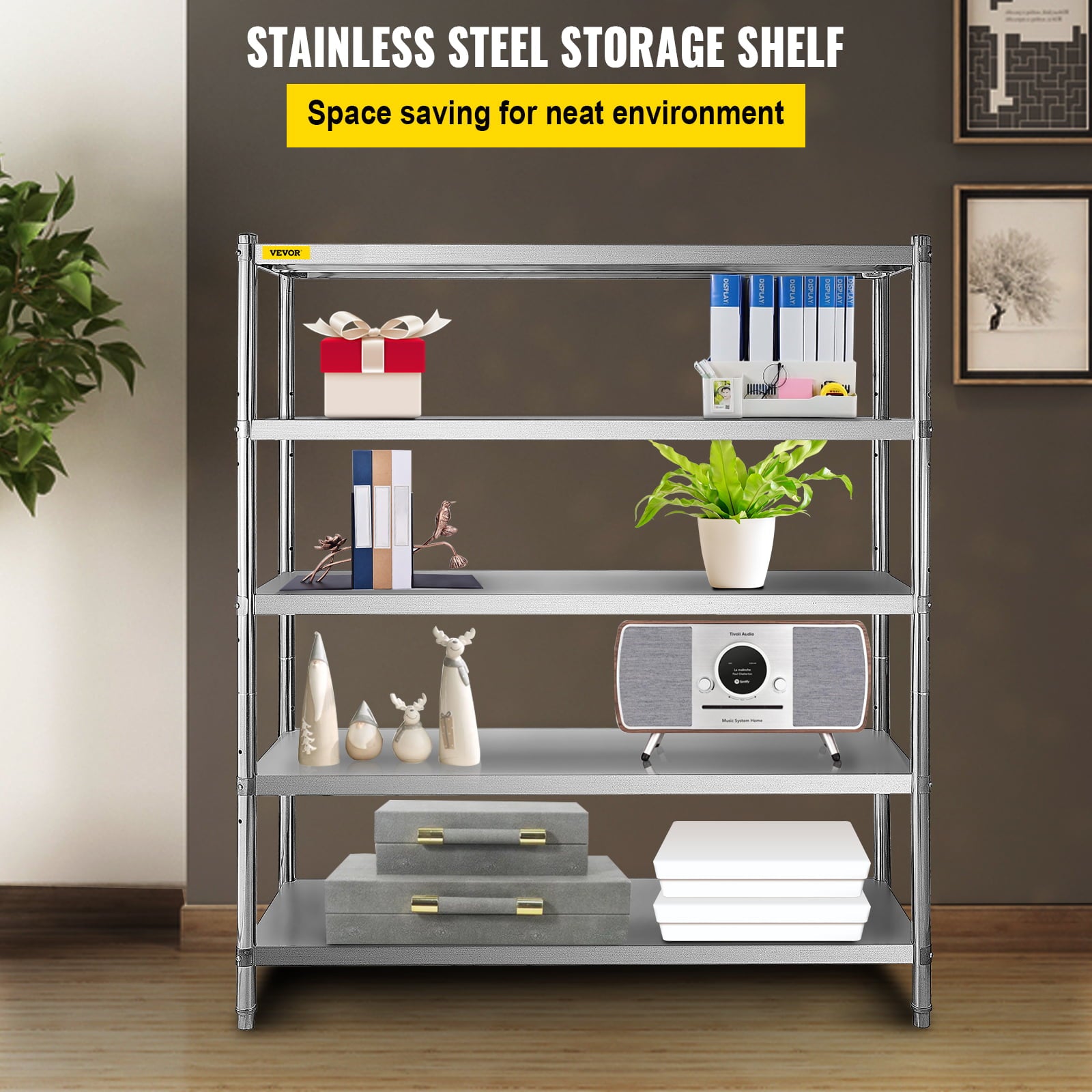 VEVOR Stainless Steel Shelving 60x18.5 inch 5 Tier Adjustable Shelf Storage Unit Stainless Steel Heavy Duty Shelving for Kitchen Commercial Office Garage Storage 330lb Per Shelf