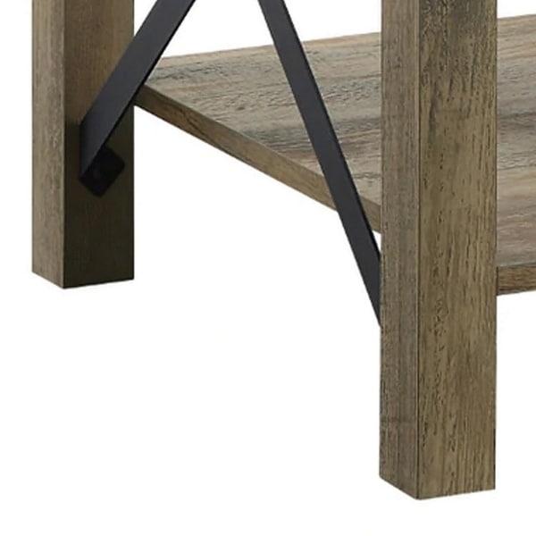 Eli 22 Inch Wood End Table， Metal Brackets， Cross Bars， Rustic Oak Brown - 16 L x 20 W x 22 H Inches