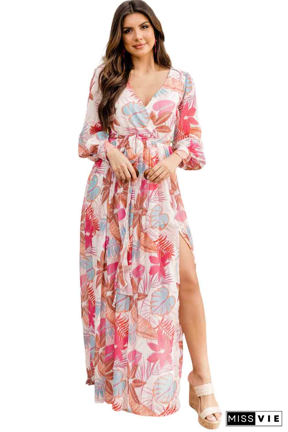 Tropical Plant Print Long Sleeve Wrap V-Neck Slit Maxi Dress