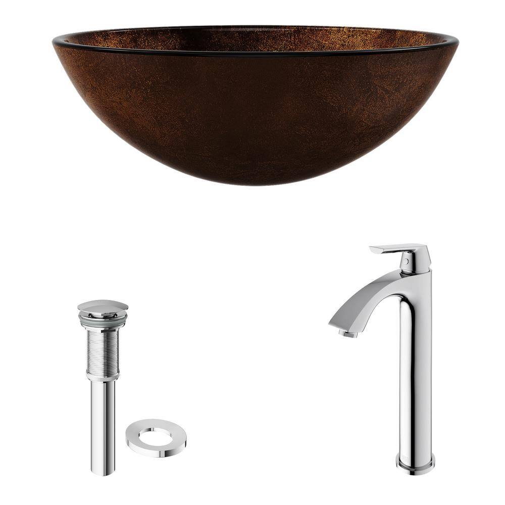 VIGO Glass Round Vessel Bathroom Sink in Russet Brown with Linus Faucet and Pop-Up Drain in Chrome VGT110