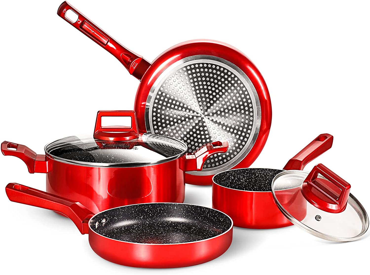 10 Pcs Pots and Pans Sets, Nonstick Cookware Set, Induction Pan Set, Chemical-Free Kitchen Sets, Saucepan, Saute Pan with Lid, Frying Pan, Red