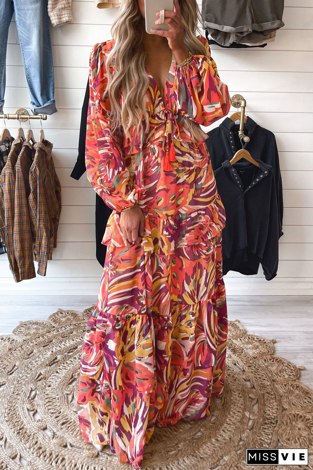 Multicolour Abstract Print Ruffle Tiered Puff Sleeve Maxi Dress