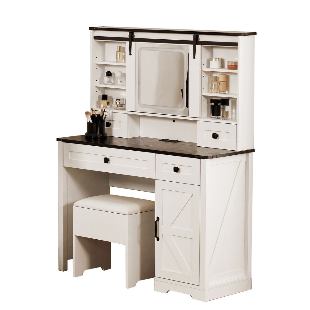 Farmhouse 42'' Makeup Vanity Desk with lighted Sliding Mirror Glass Tabletop 2 Drawers   Shelves  Stool Included.