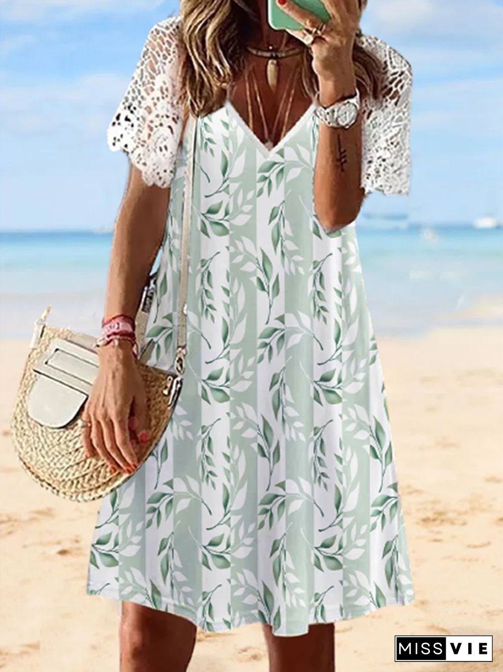 Casual Loose Print Women Summer Dress Sexy V Neck Hollow Out Party Boho Dresses New Lace Short Sleeve Stitching Beach Mini Dress