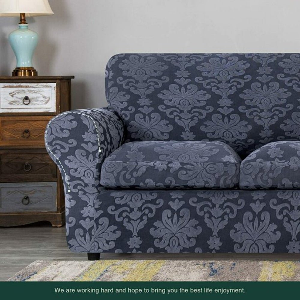 CHUN YI Jacquard Damask Slipcover with 3 Cushion Cover (Sofa, Grayish Blue)