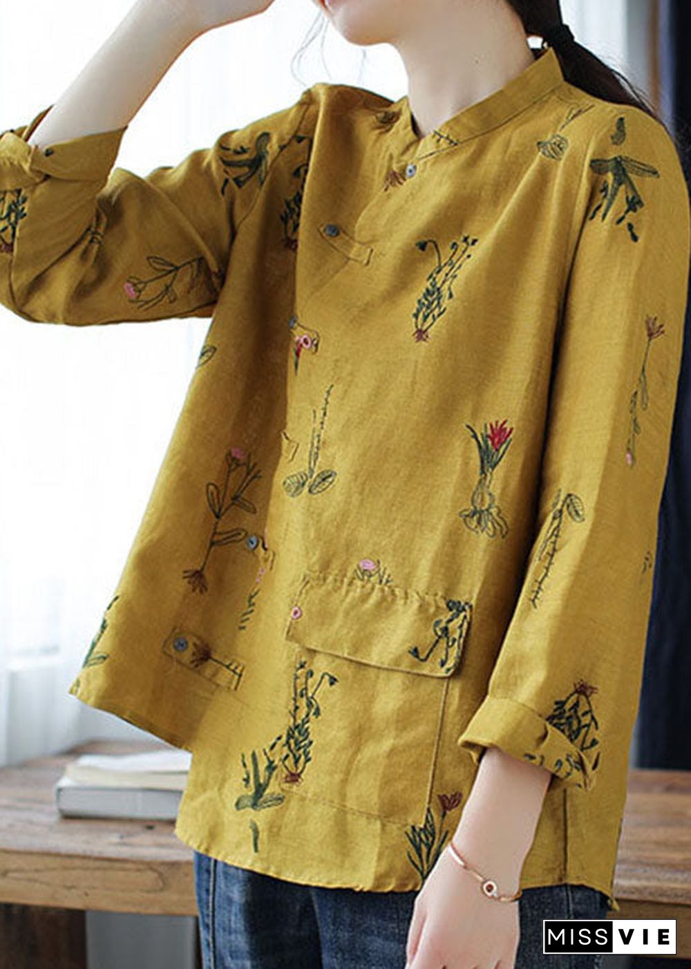 Simple Yellow Embroideried Linen Shirt Long Sleeve