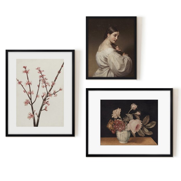 Americanflat 3 Piece Vintage Gallery Wall Art Set Red Maple Blossoms Blush Flower Still Woman In White By Maple Oak