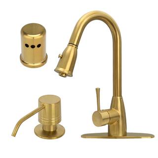 Akicon One-Handle Brushed Gold Pull Down Kitchen Faucet with Deck Plate Soap Dispenser and Air Gap Cap AK96455BTG-S2DA