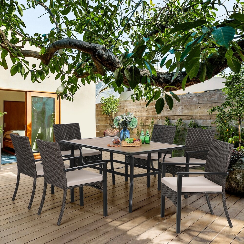 7 Piece Outdoor Patio Dining Set of 6 Metal Chairs with Cushions and 1 Chic Table with Wood like Table Top