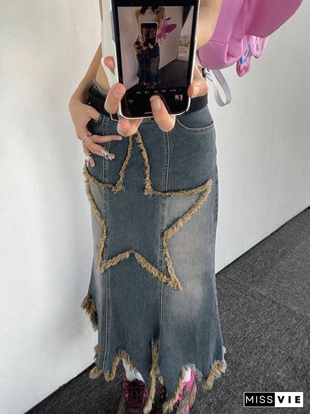 Star Patch Distressed Denim Maxi Skirt