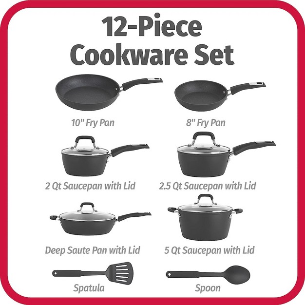 Goodcook 12 piece Micro divot Nonstick Aluminum Cookware Set With Pans Dutch Oven Spoon And Turner Black black