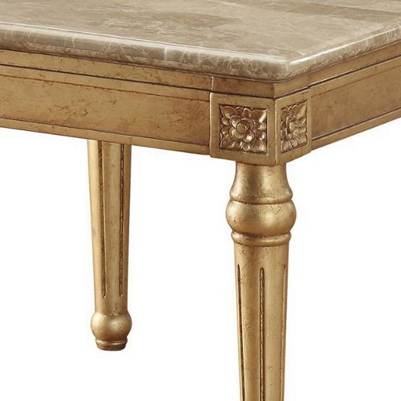 Marble Top End Table With Fluted Detail Wooden Turned Legs， Gold