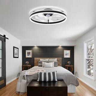 Oaks Aura 20in. LED Indoor Black Bladeless Low Profile Ceiling Fan Flush Mount Smart App Remote Control Dimmable Lighting DC2002