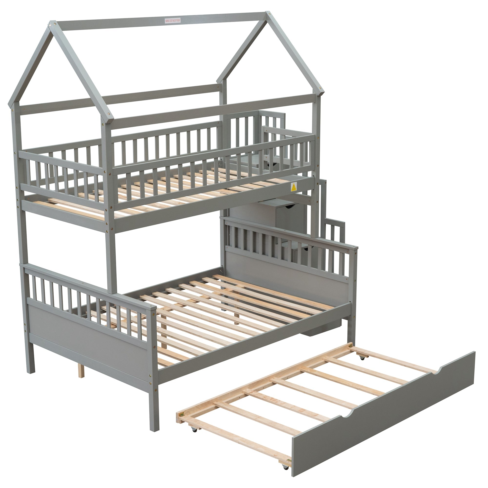 EUROCO Twin over Full House Bunk Bed with Trundle for Kids, Gray