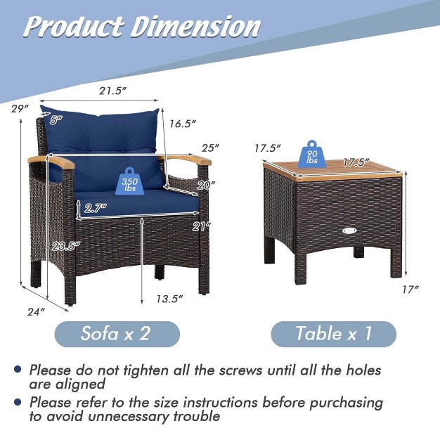 Costway 3pcs Patio Rattan Furniture Set Wooden Armrest Table Top Cushioned Deck