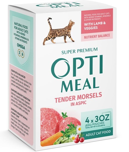 Optimeal Tender Morsels With Lamb and Veggies In Aspic Recipe Wet Cat Food， 3-oz pouch， case of 24