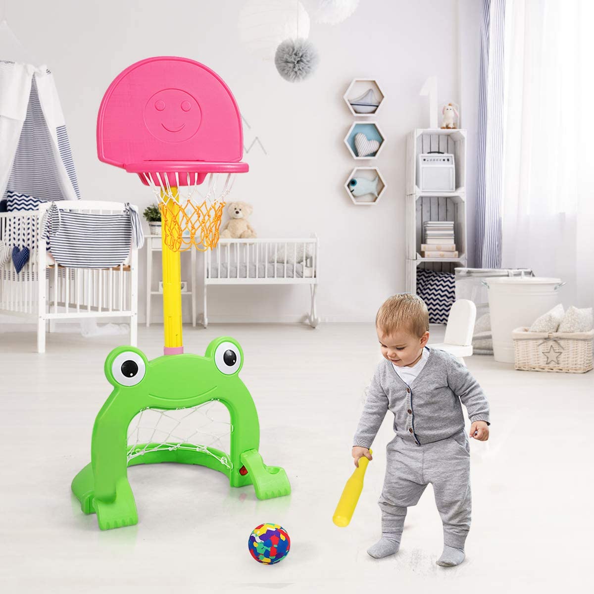 Costzon Kids Basketball Hoop Set, Kids 3-in-1 Sports Set for Basketball (Cute Frog)