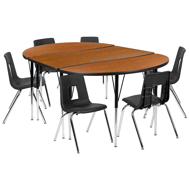 Emma and Oliver 76 Oval Wave Activity Table Set with 18 Student Stack Chairs， Grey/Black