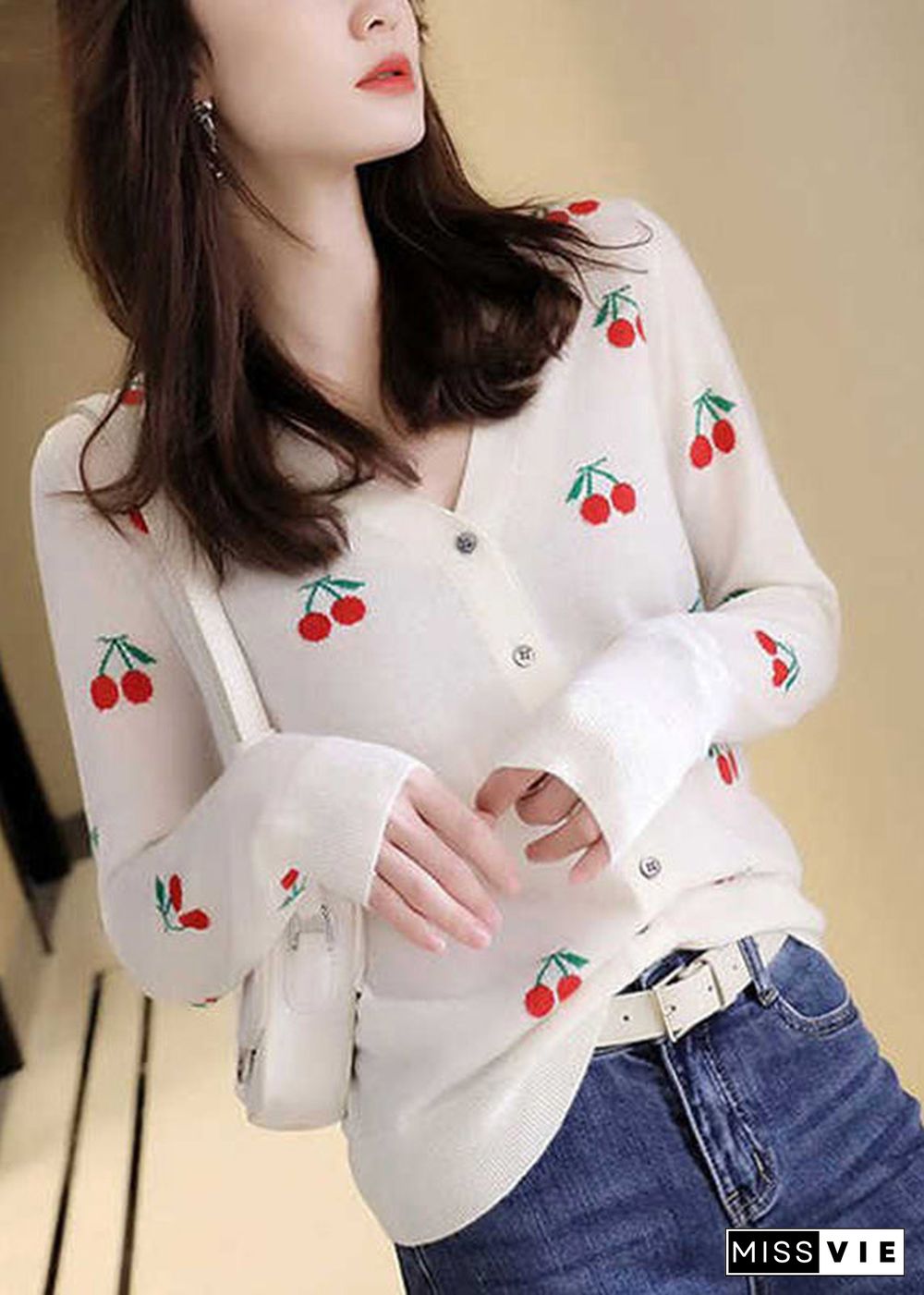 Cute Black V Neck Embroideried Button Woolen Knit Cardigan Long Sleeve