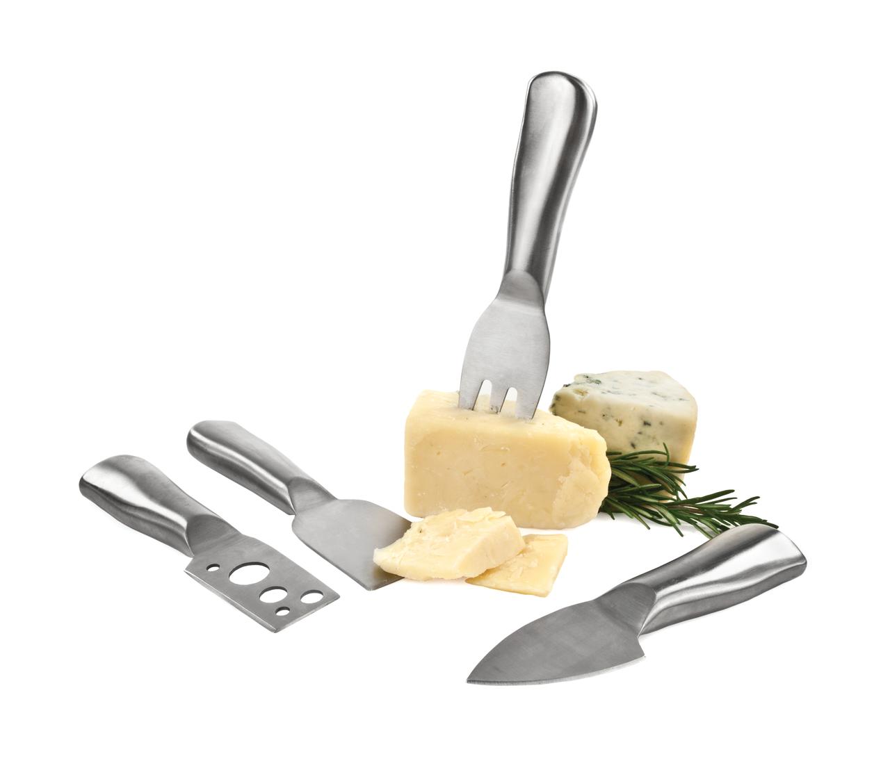 True Quartet Cheese Tool Set， Brushed Stainless Steel， Cheese Knives， Cheese Forks， Dishwasher Safe， Set of 4