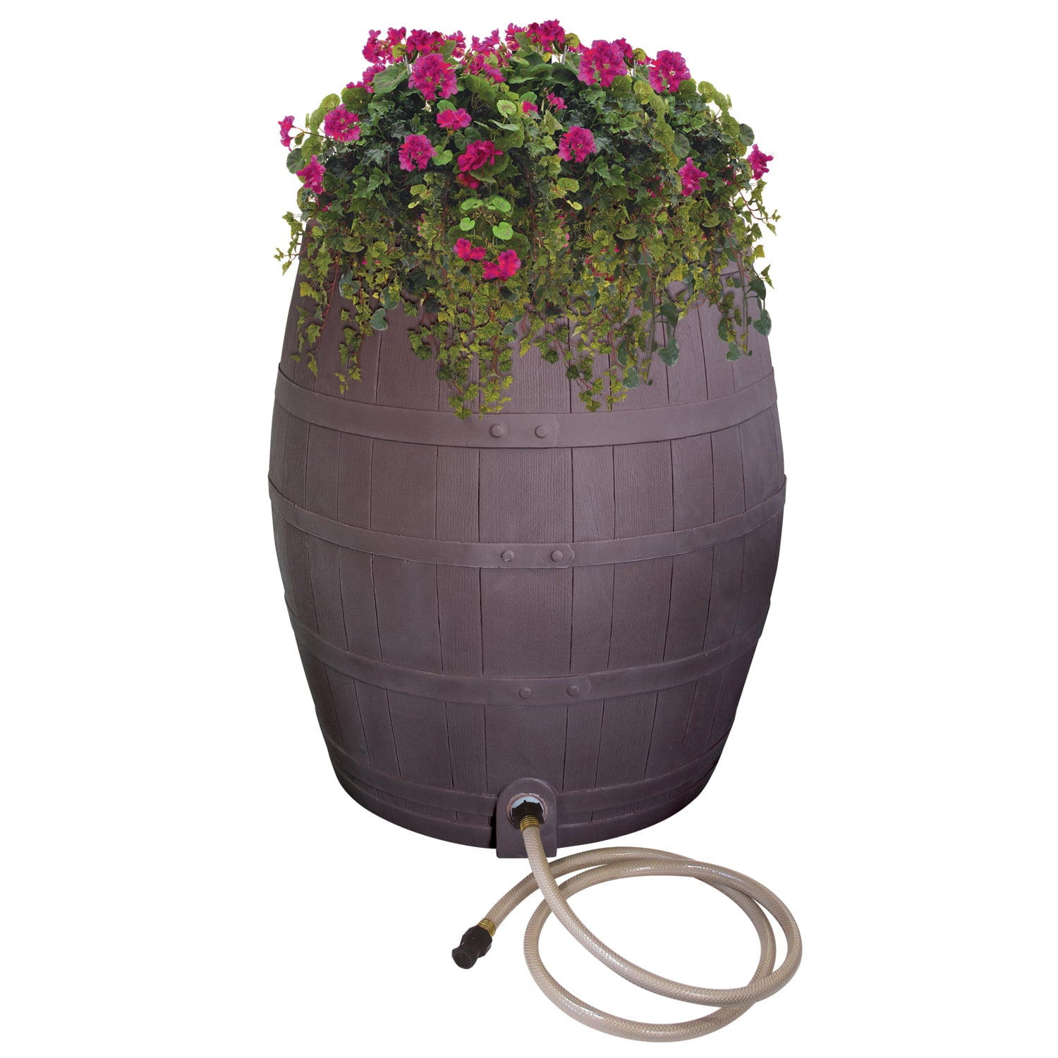 Rescue 50-Gallon Whiskey Rain Barrel – Includes Planter， Rain Water Diverter， Outlet Hose – Flatback Design – Brown