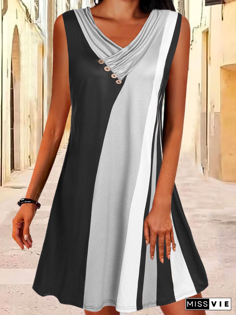 Plus size Colorblock V Neck Dresses