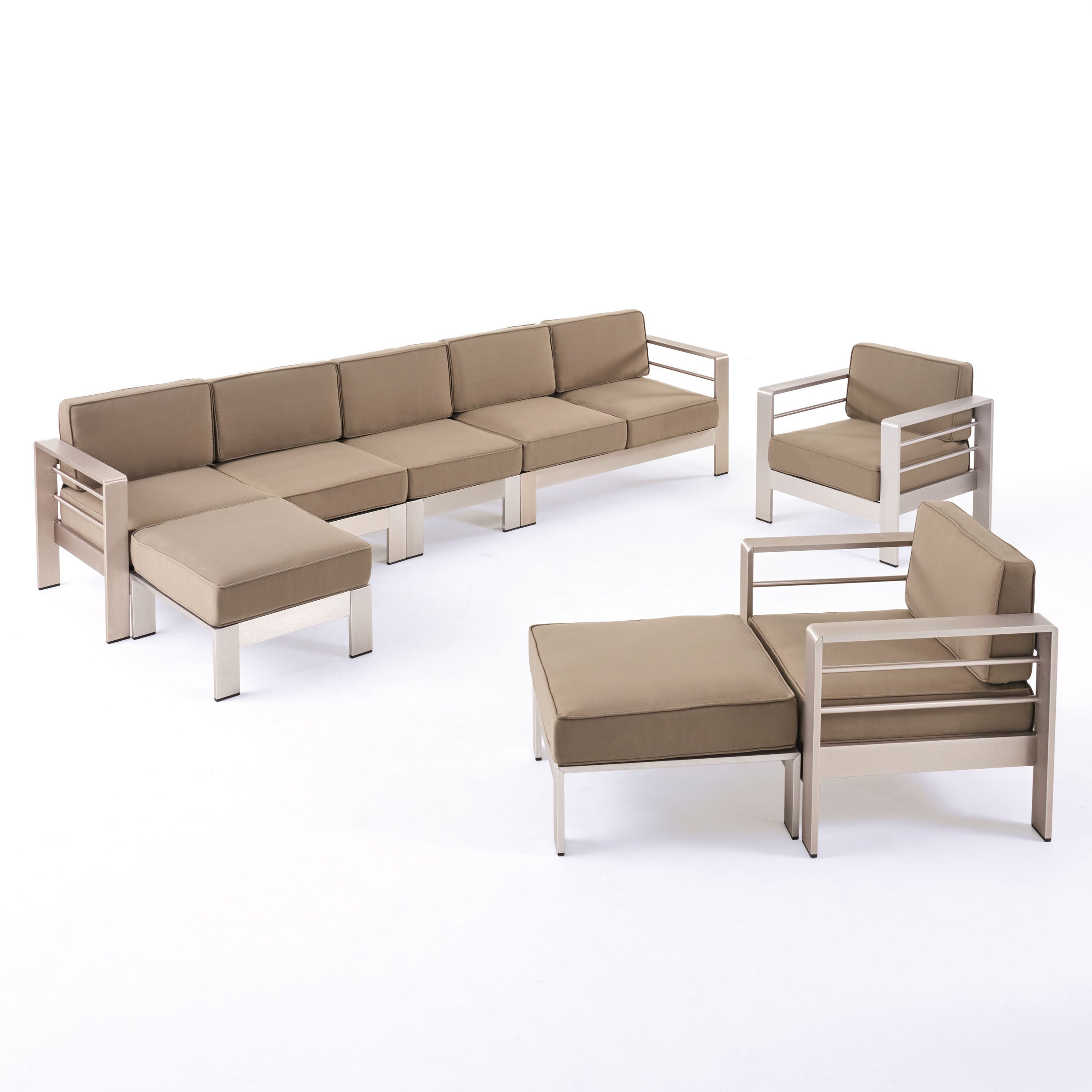 Danae Outdoor Modern 7 Seater Aluminum Chat Set with Ottomans, Silver and Khaki