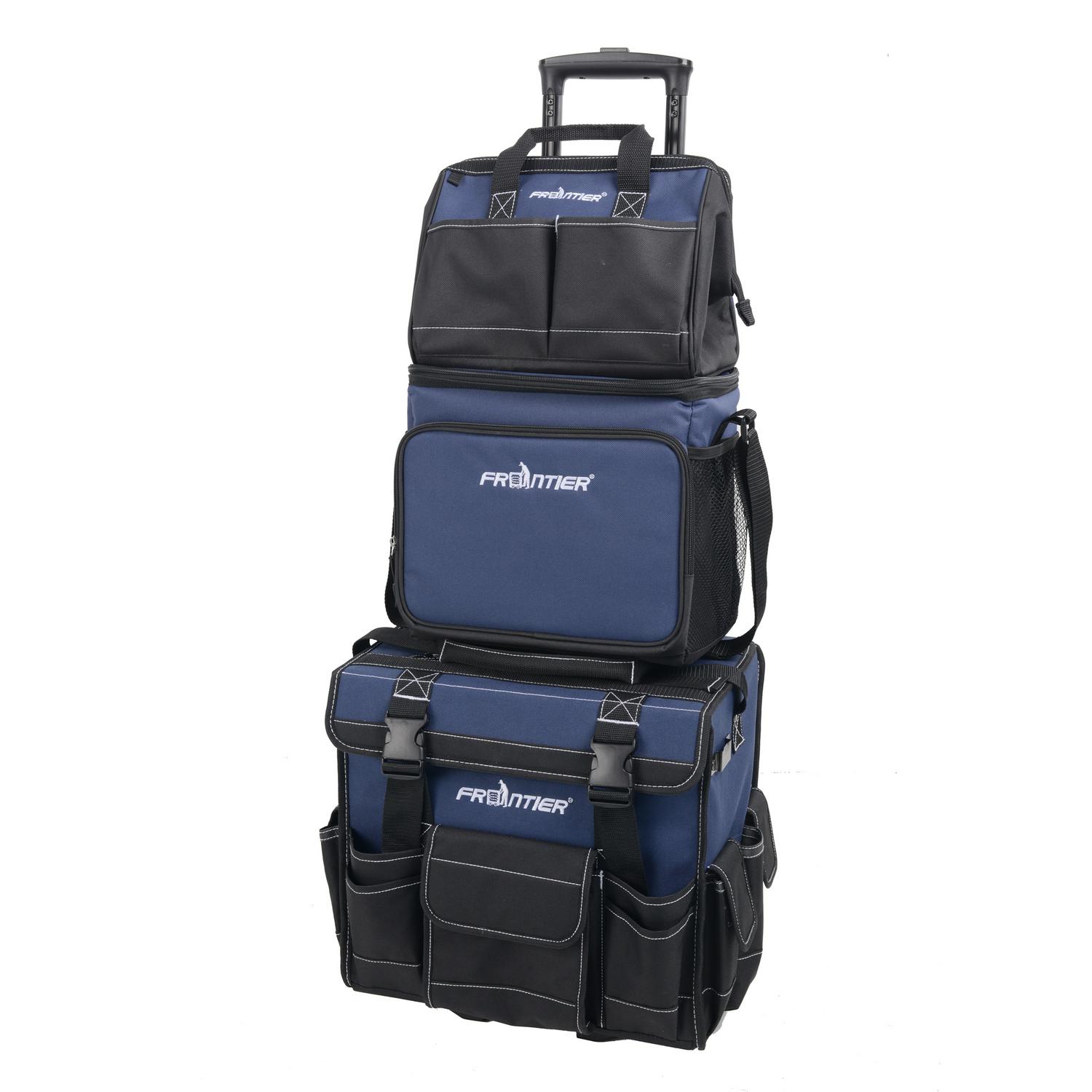 Frontier 3 Piece Tool Bag Combo Set with 15-inch Rolling Tool Bag， 12-inch Tool Bag and Insulated Cooler Bag