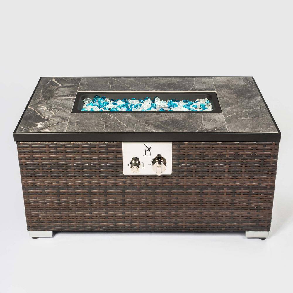 Sireck 32 in. Brown Rectangle Wicker Ceramic Tile Metal Fire Pit Table ZZQ-THDXP1041