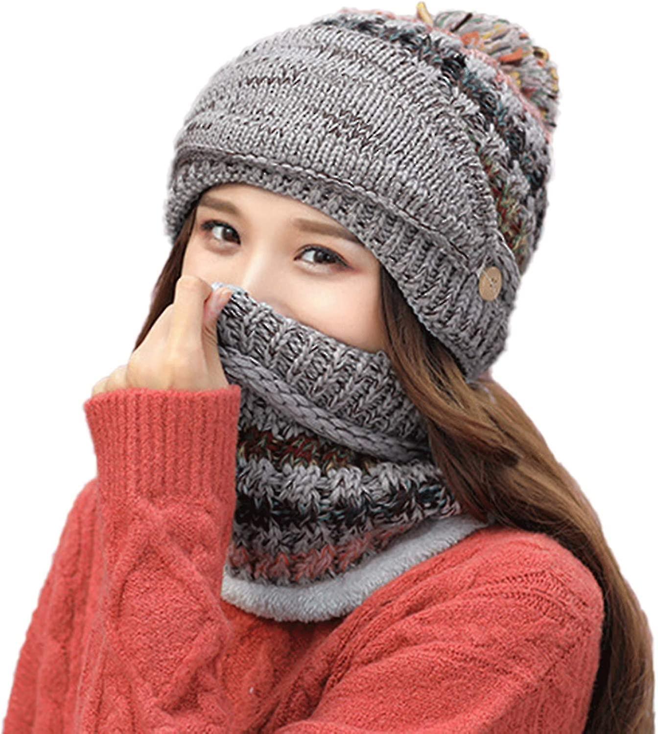 Womens Beanie Hat Scarf Set Fleece Lined Winter Hat For Women Thicken Crochet