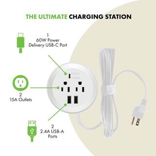 TOPGREENER 12 Amp 2-Outlets Desktop Grommet 60-Watt Power Delivery Type C Port 3-USB Charging Ports White TTRP48APD60-W