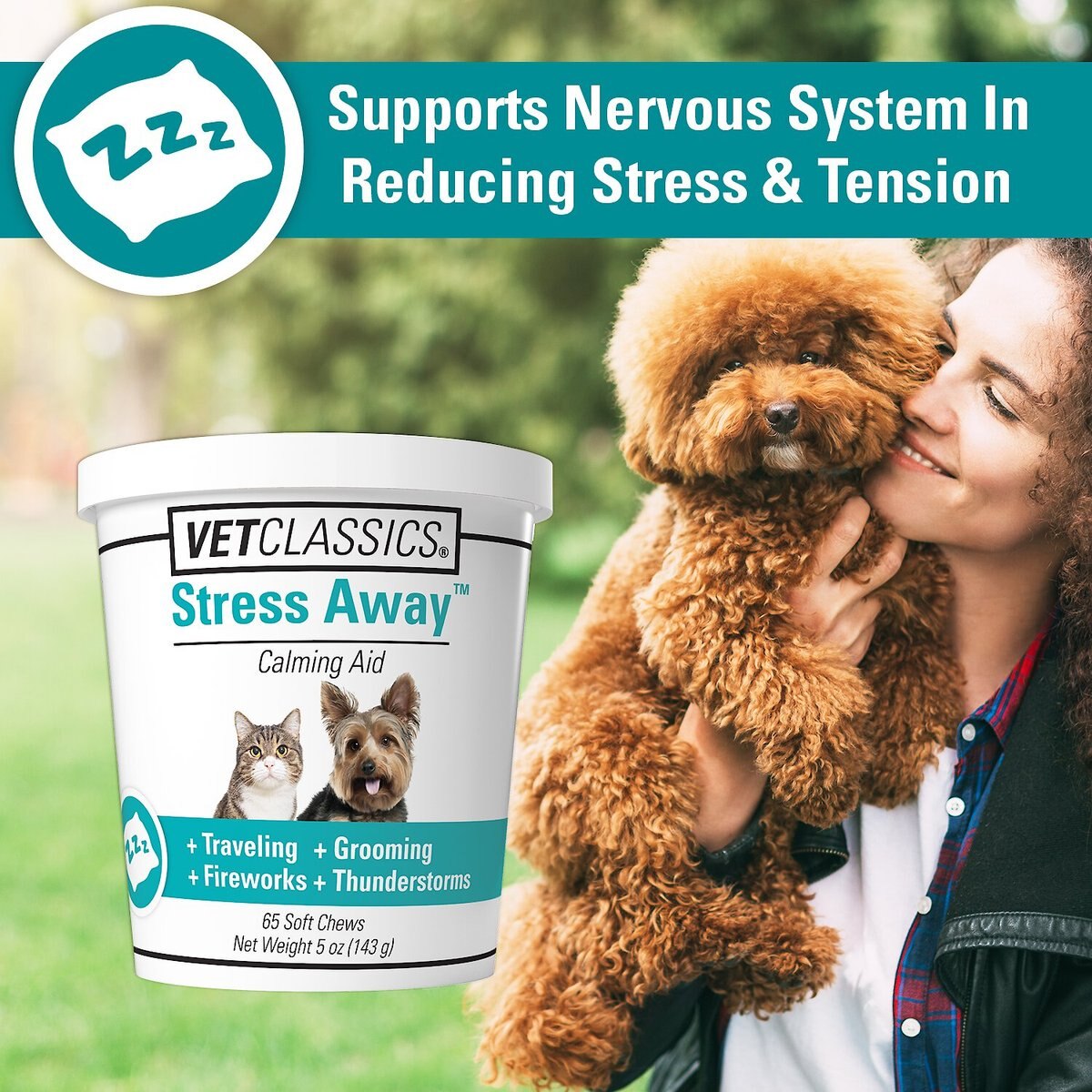 VetClassics Stress Away Calming Aid Soft Chews Dog and Cat Supplement， 65 count