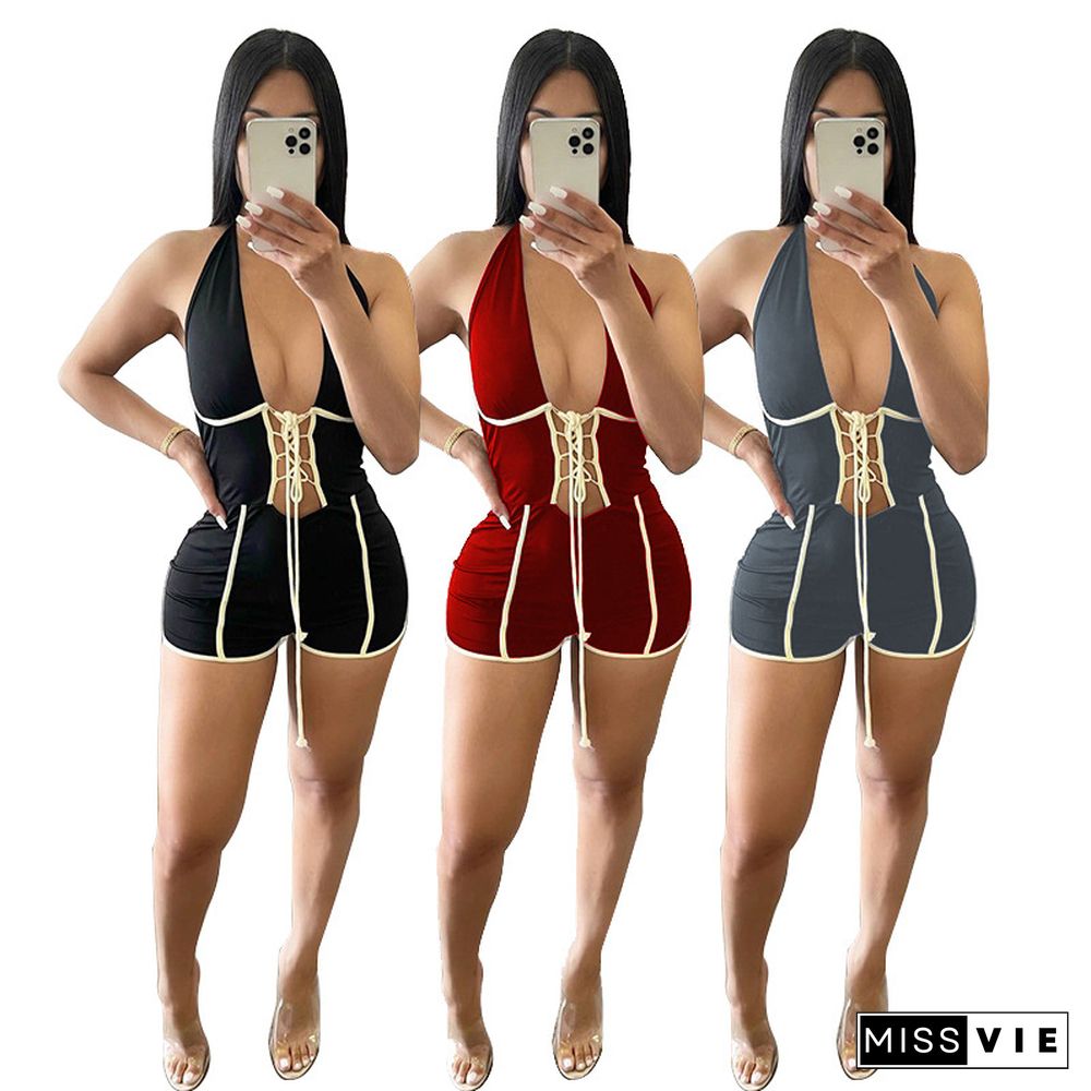 Women Sexy Low-cut Hollow Bandage Sleeveless Skinny Romper