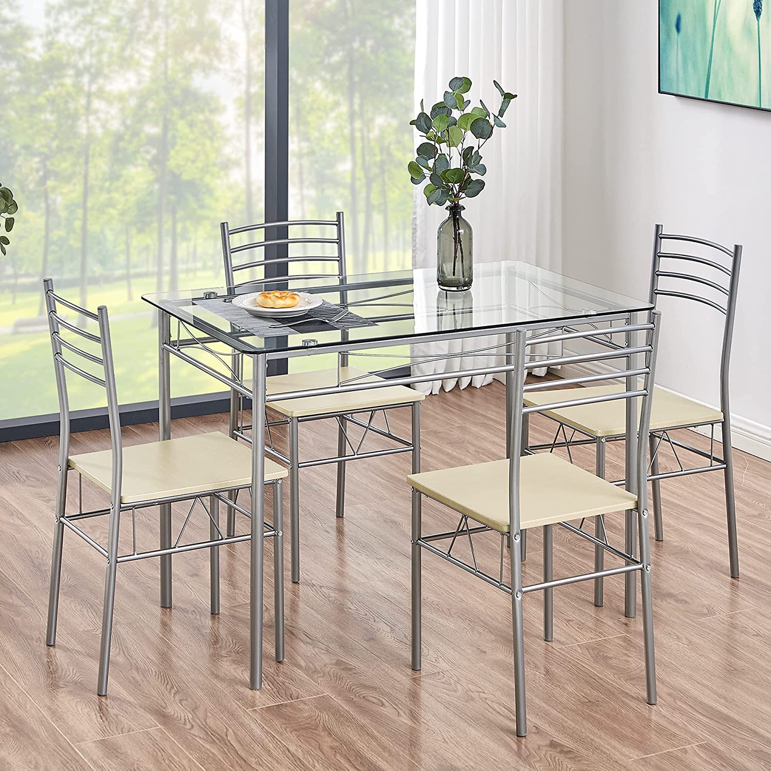 VECELO Kitchen Dining Room Table and Chairs 4， 5-Piece Dinette Sets， Space Saving (Silver)， Silvery