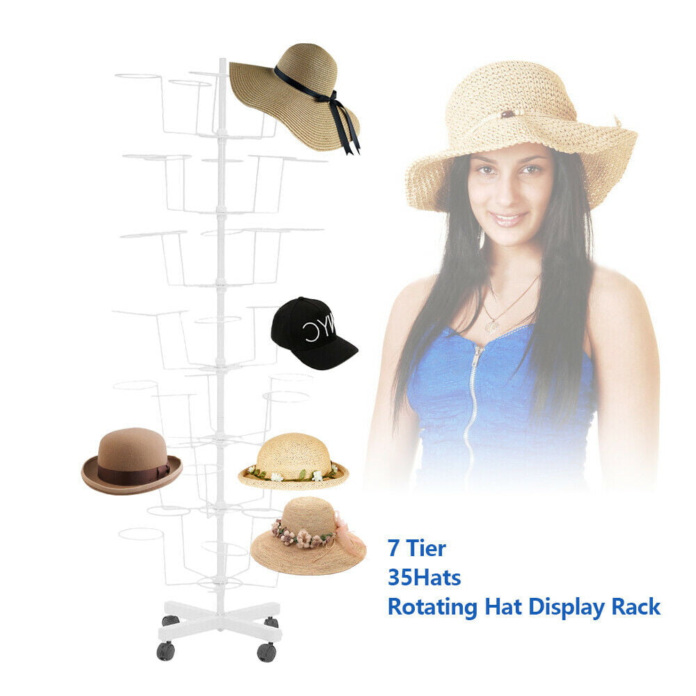 TFCFL 7 Tiers Hat Cap Display Retail Hat Cap Rack Rotating Spinner Metal white Stand (White)