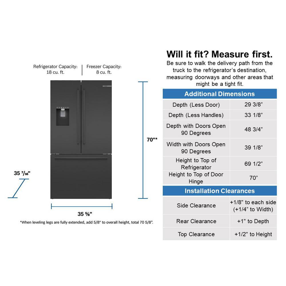 Bosch 500 Series 26 cu ft 3-Door French Door Refrigerator in Black Stainless Steel with Ice and Water Freezer Standard Depth B36FD50SNB