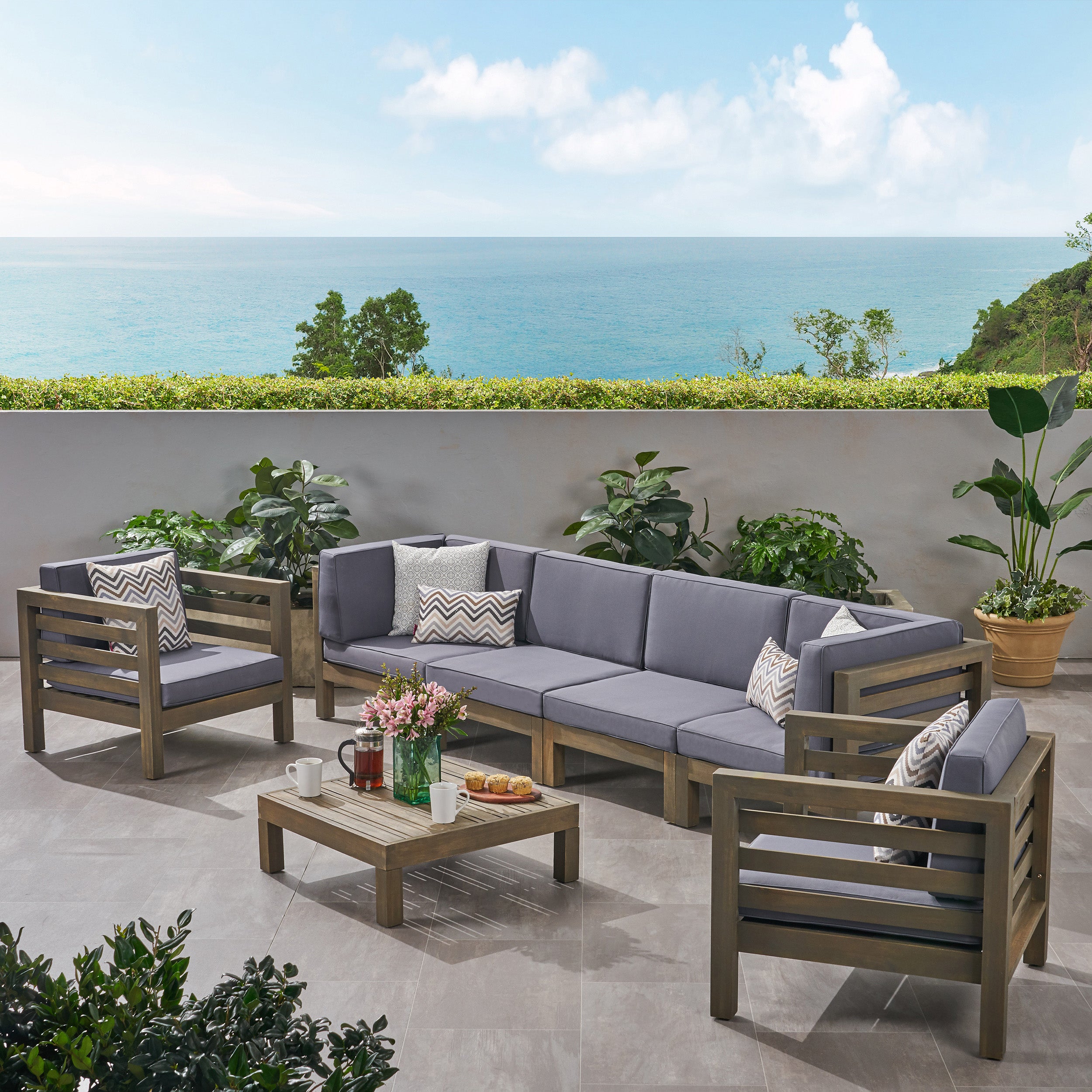 Emma Outdoor 6 Seater Acacia Wood Sofa Chat Set