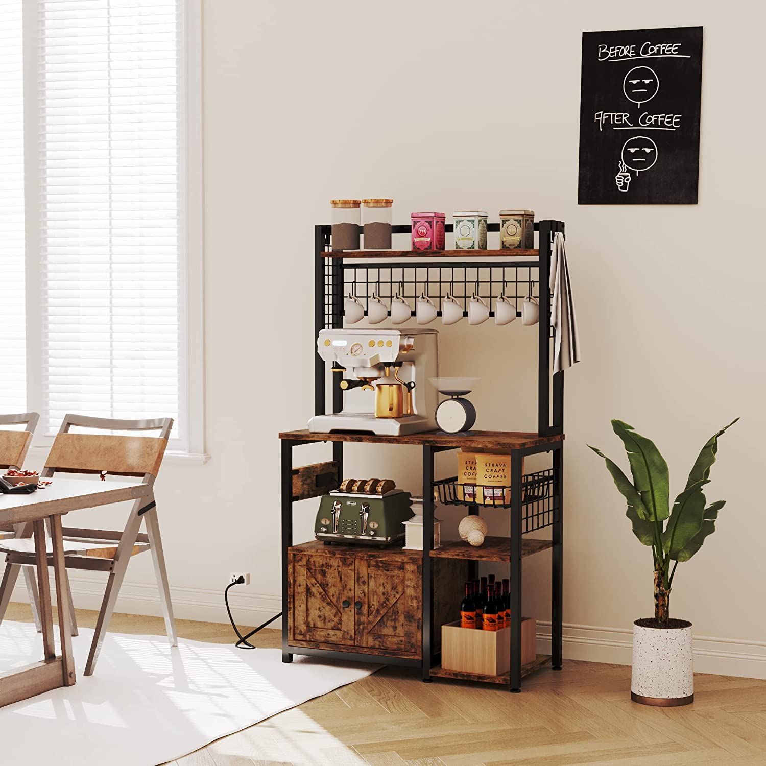 IRONCK Bakers Rack with Power Outlets， Large Microwave Stand with Drawer for Kitchen， Vintage Brown and sleek wood grain