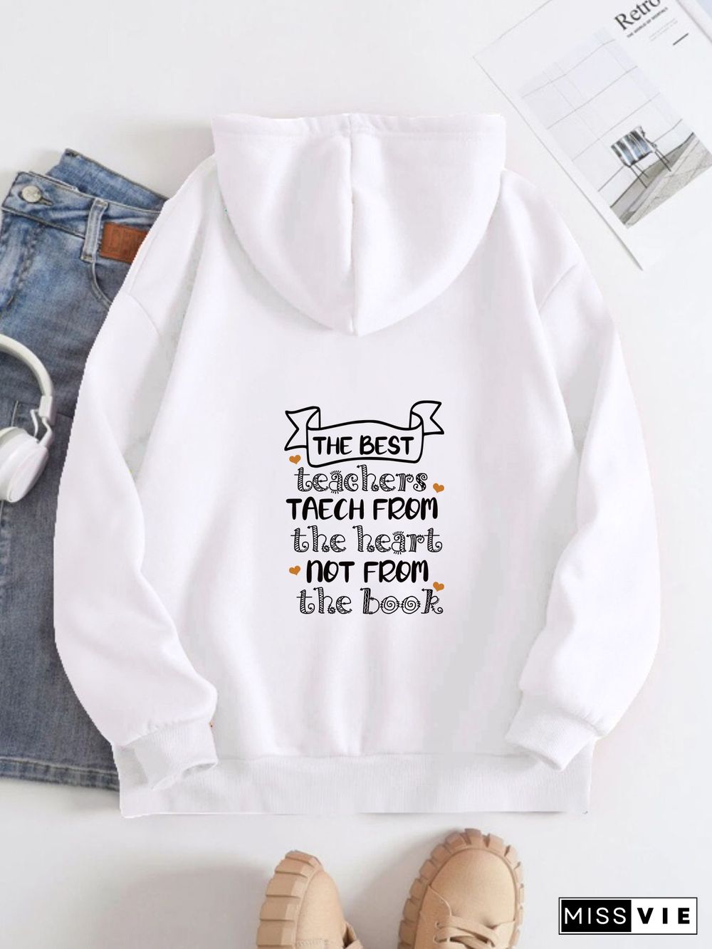 Printed on the Back Kangaroo Pocket Hoodie Long Sleeve for Women Pattern Best teacher greetings