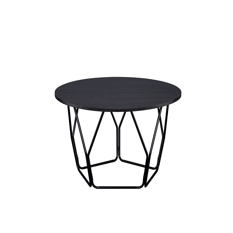 Industrial Round Top Wooden Coffee Table with Geometric Base， Black