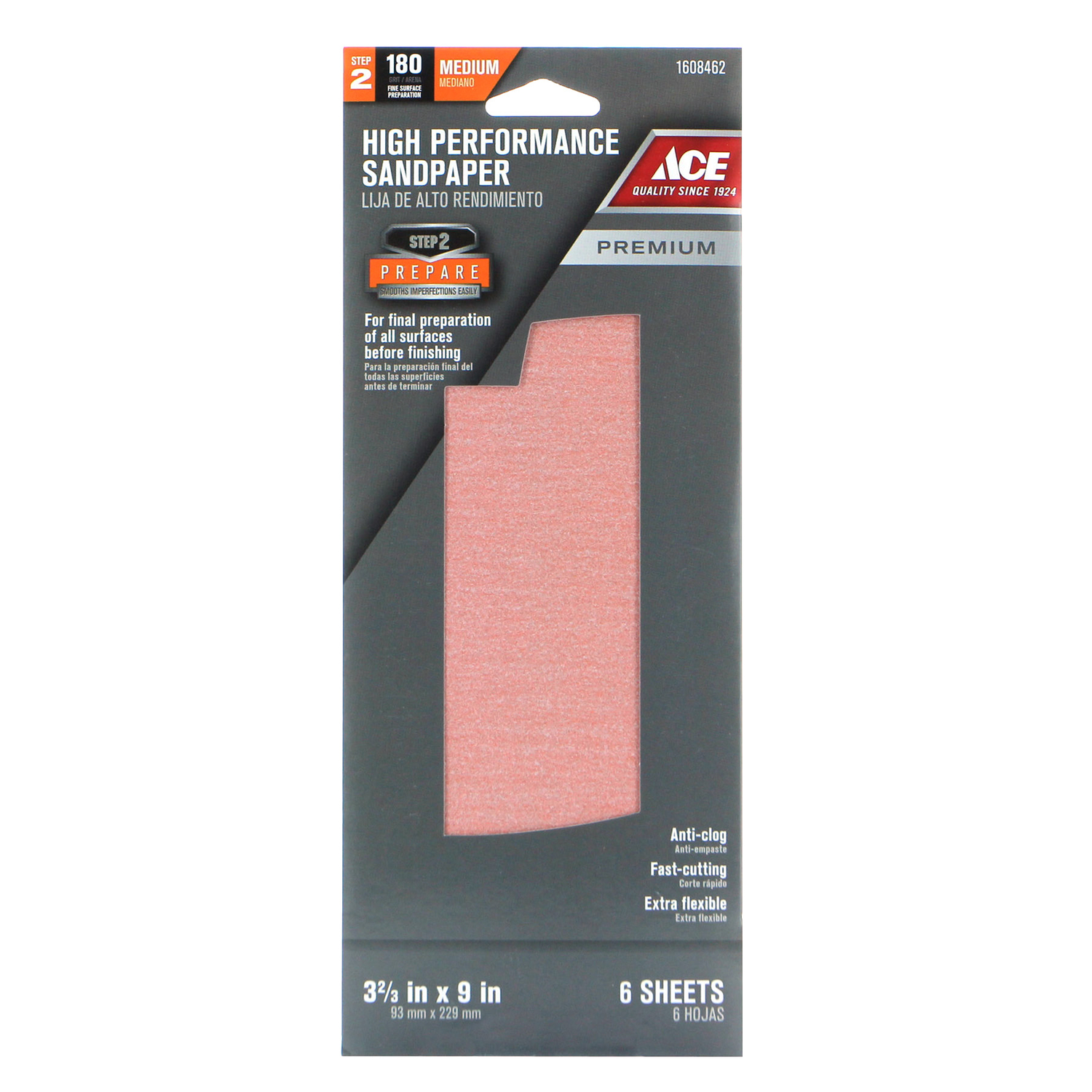 Ace 9 in. L X 3-2/3 in. W 180 Grit Aluminum Oxide Sandpaper 6 pk