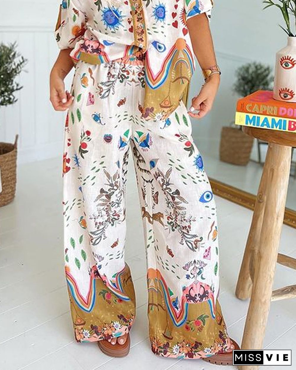 Fashion Printed Short Sleeve Shirt & Pants Two-piece Set