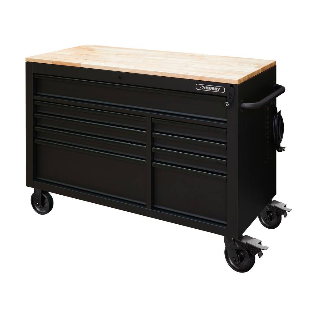 Husky 52 in. W x 25 in. D Heavy Duty 9-Drawer Mobile Workbench Cabinet with Adjustable-Height Hardwood Top in Matte Black HOLC5209BB1M