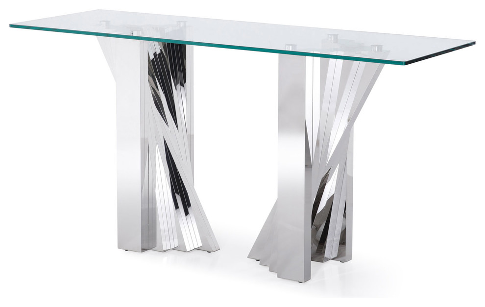 Modern Falcone Console Table   Clear Glass with Polished Stainless Steel Base   Contemporary   Console Tables   by Zuri Furniture  Houzz