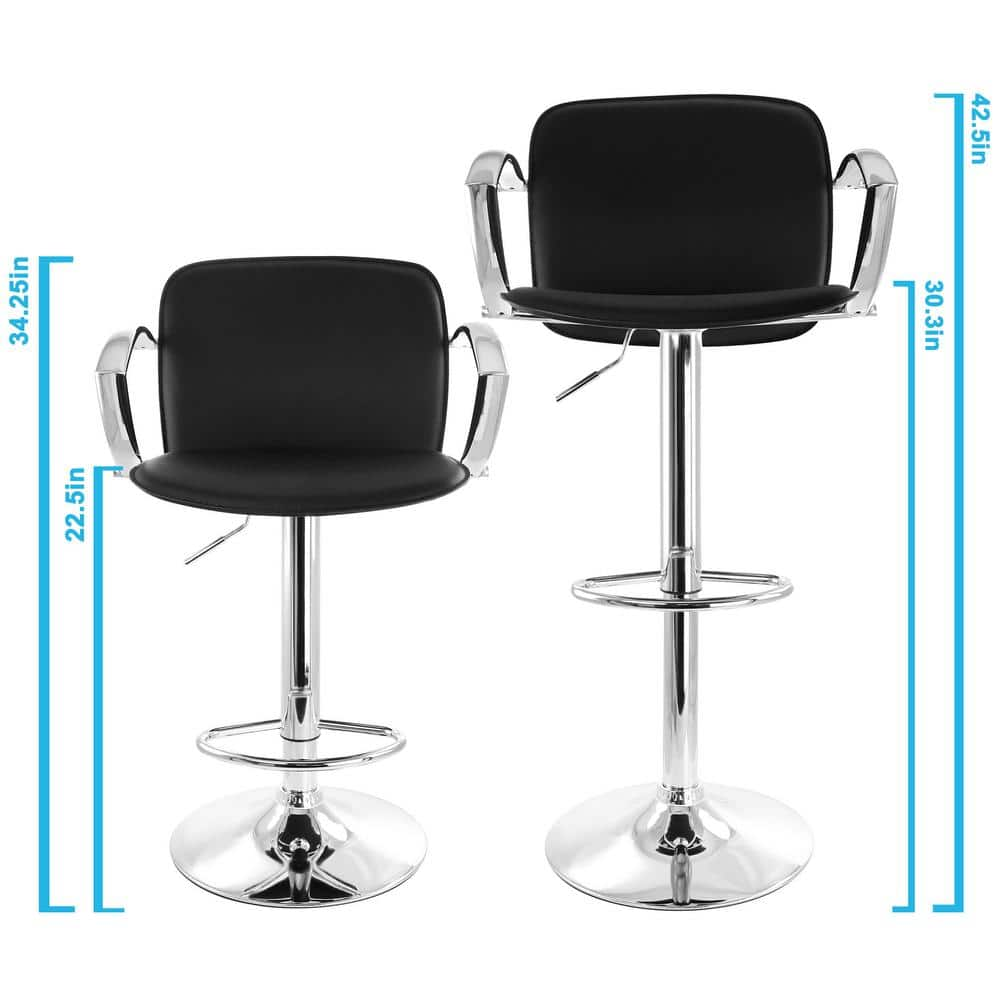 Elama 2-Piece Adjustable Faux Leather 34.25 in. Black Low Back Metal Bar Stool with Chrome Arm Rests and Base 985116748M