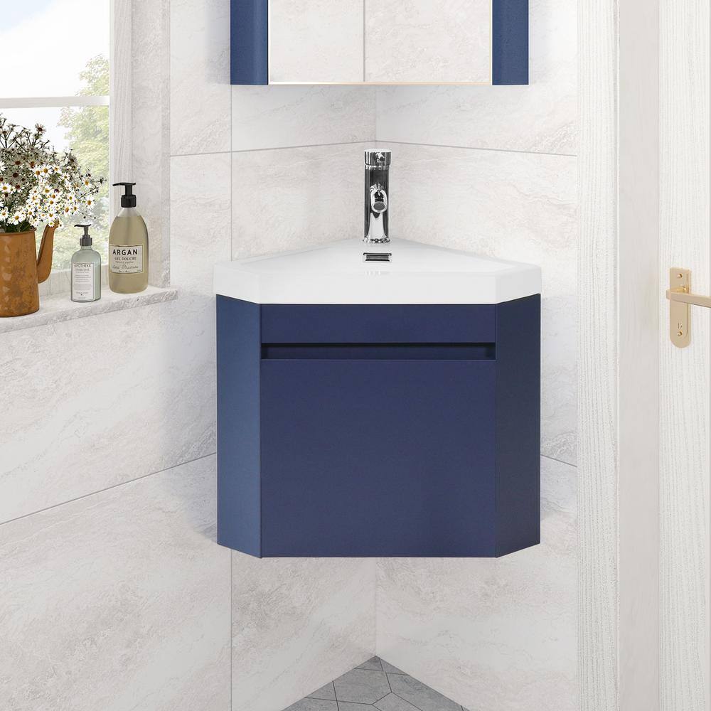 22 in. W x 8 in. D Blue Corner Wall Mount Bathroom Vanity Sink Set Single Bathroom Vanity with White Resin Vanity Top USBR4769