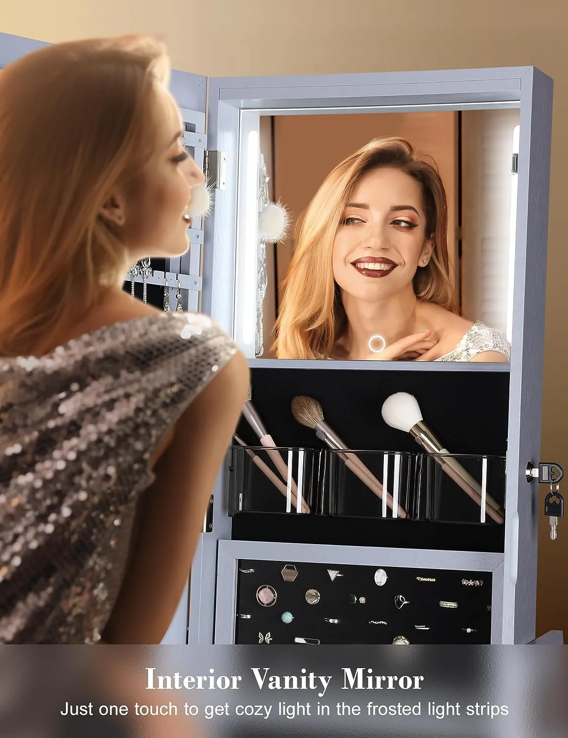 ⭐️360° Swivel Jewelry Cabinet with Lights - 🌟Touch Screen Vanity Mirror 🌟