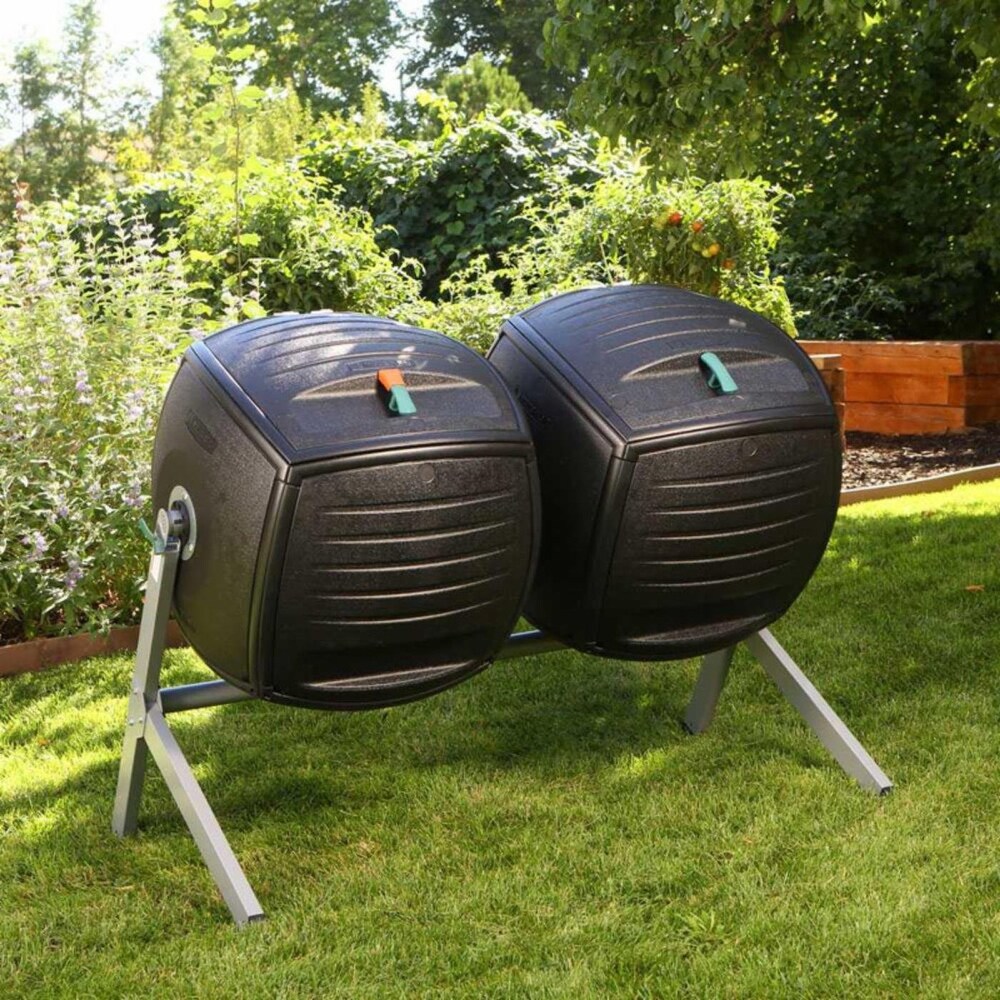 Set of Two 50 Gallon Compost Bin Tumbler Double Rotating Composter   31.25 L x 58.13 W x 43.75 H in.